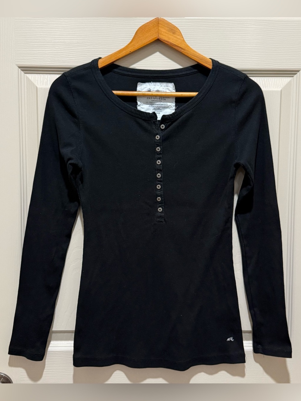 Active Basic Henley Shirt Womens L Black Vintage Long Sleeve Ribbed